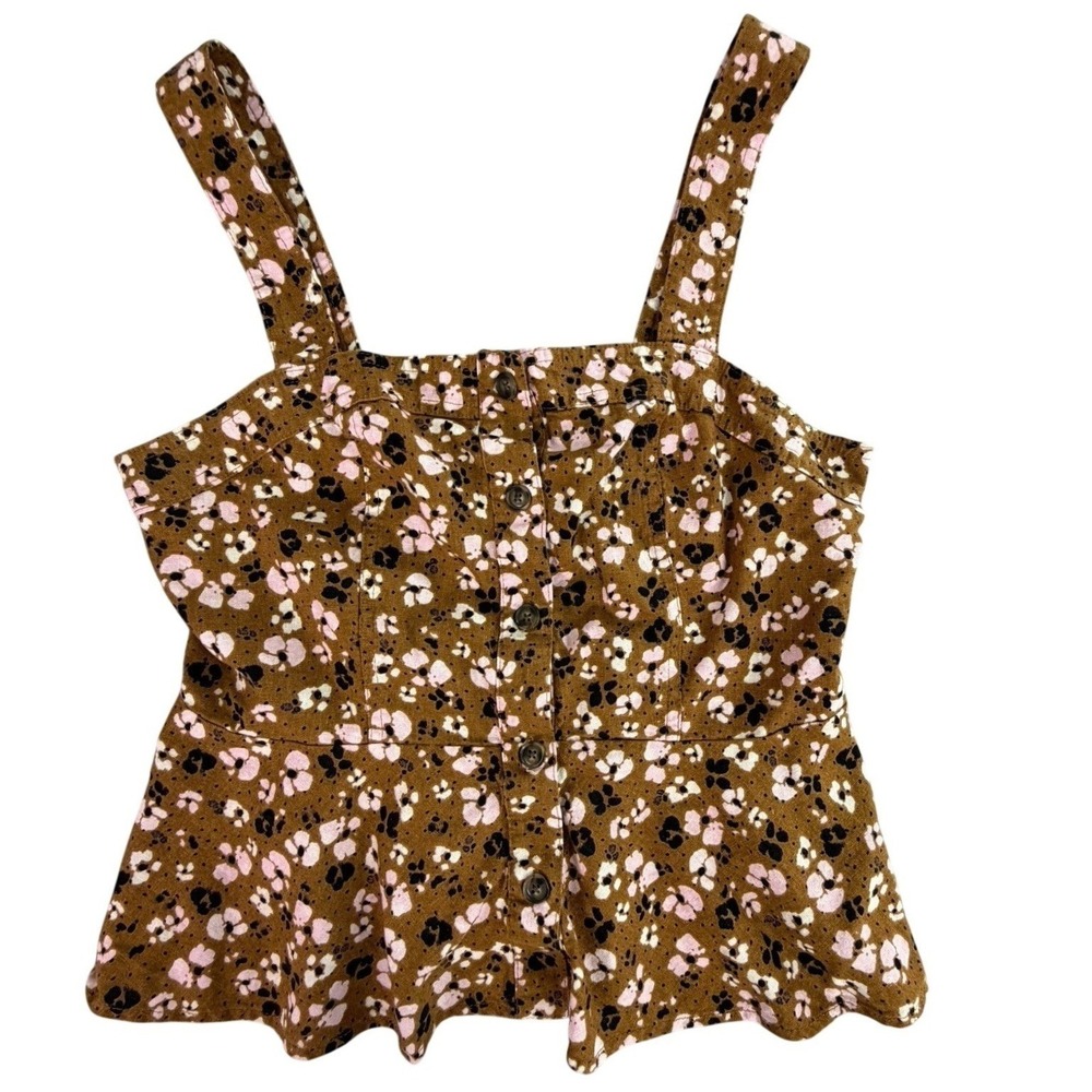 Brown Floral Smocked Peplum Button Front Tank Top Women's Size L Coquette
